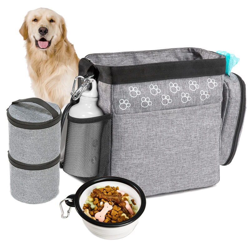 Dog Travel Bag with Treat Pouch, Airline Approved Dog Bags for Traveling, 2 Dog Food Travel Container, 2 Travel Bowls, Weekend Dog Travel Bag for Supplies, Dog Travel Kit Accessories Small Grey