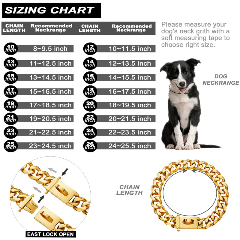 Gold Dog Chain Collar Walking Metal Chain Collar with Design Secure Buckle,18K Cuban Link Strong Heavy Duty Chew Proof for Medium Dogs(19MM, 18") 18 Inch (Pack of 1) - PawsPlanet Australia