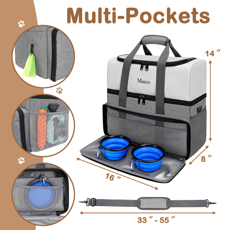 Mancro Dual Layers Dog Travel Bag, Pet Travel Bags with 2 Extra Large Food Containers, 2 Collapsible Dog Bowls, Multi-Pockets Tote Organizer for Pet Supplies, Road Trip Essentials, Weekend Camping Dark Grey - PawsPlanet Australia
