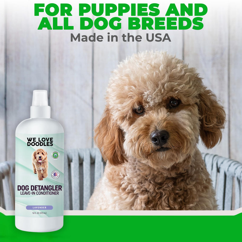 We Love Doodles Dog Comb (2 Packs) & Lavender Detangler Spray 16oz – Pet Grooming Essentials, Stainless Steel Rounded-End Dematting Metal Comb for Dogs, Dog Leave-In Conditioner Spray for Detangling