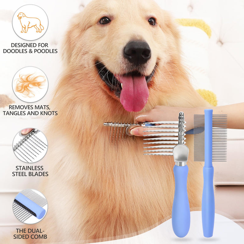 Dematting Comb for Dogs Poodle Doodle, Dematting Rake & Detangling Dual-Sided Comb Tool for Long Curly Haired Poodle Doodle Goldendoodles & Any Mix, Grooming Brush Kit for Removing Mats and Tangles Blue - PawsPlanet Australia
