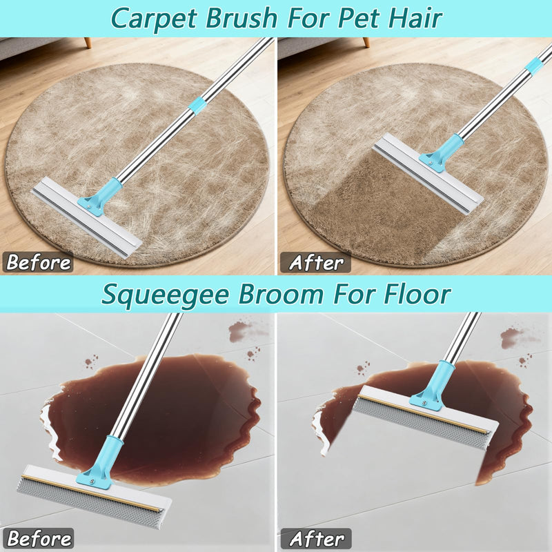 Hotsky Carpet Rake for Pet Hair Removal,3 in 1 Reusable Silicone Carpet Broom,54 inch Adjustable Cat Dog Hair Remover Tool with Lint Scraper and Patented Design for Rugs,Mats,Sofas,Floors Blue - PawsPlanet Australia