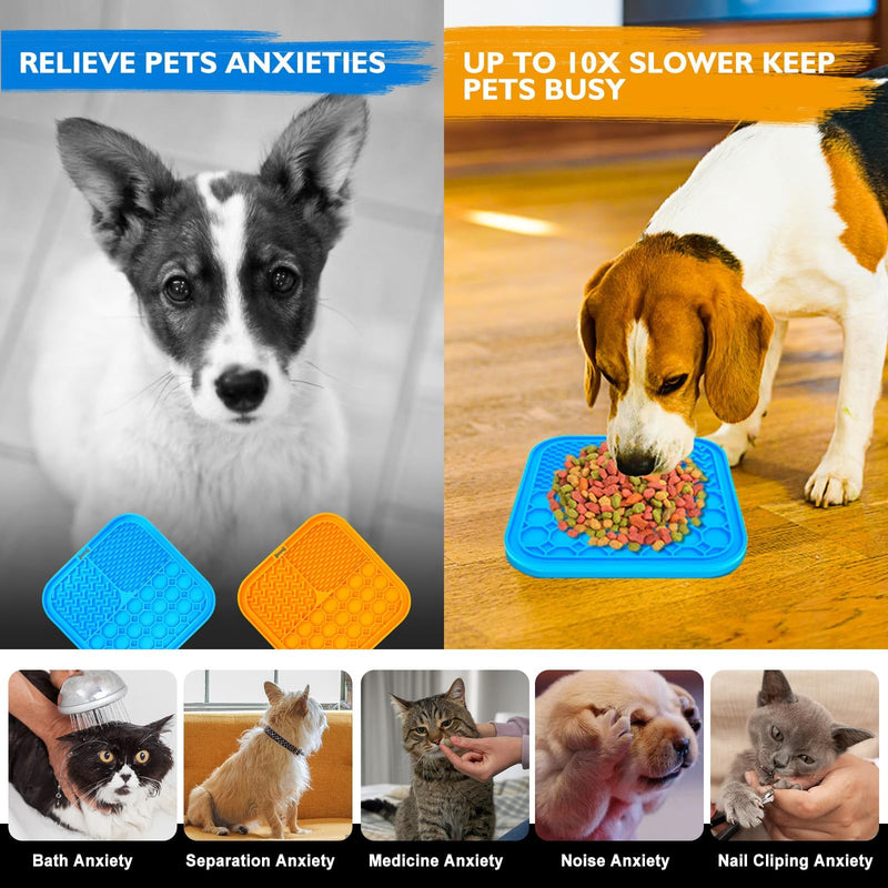 2 PCS Lick Mat for Dogs, Slow Feeder Licking Mat, Anxiety Relief Lick Pad with Suction Cups for Peanut Butter Food Treats Yogurt, Pets Bathing Grooming Training Calming Dog Bowl Mat Large 2PCS Blue+Orange - PawsPlanet Australia