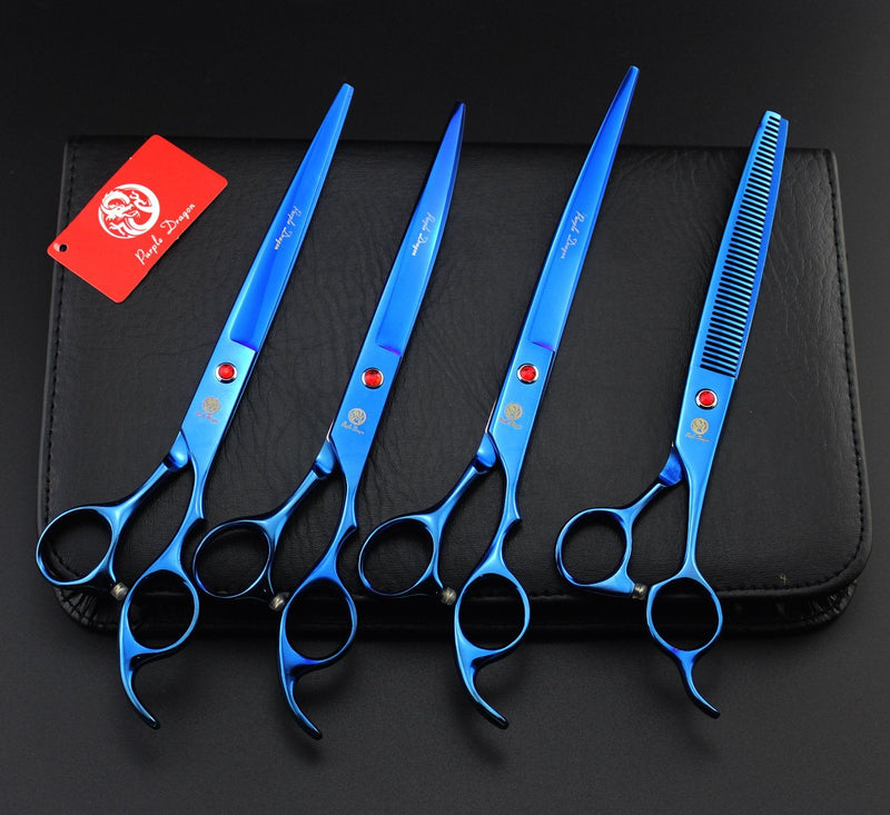Purple Dragon 8.0 inch Professional Pet Grooming Scissors,Dog Straight Shear, Thinning/Blending Scissor & 2 PCS Curved Shear with Bag (Blue) - PawsPlanet Australia