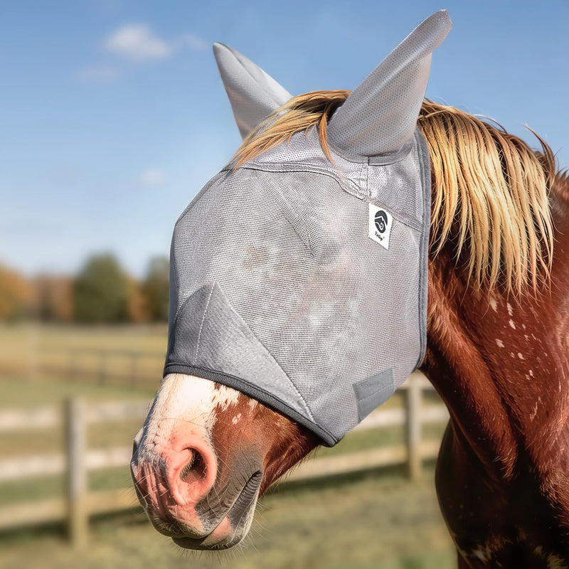 Raelitego Horse Fly Mask, Adjustable Fly Masks for Horses with Ears, UV Protection from Insect Pests Comfort Mesh Without Nose Average Size Horses Accessories(Large) Large