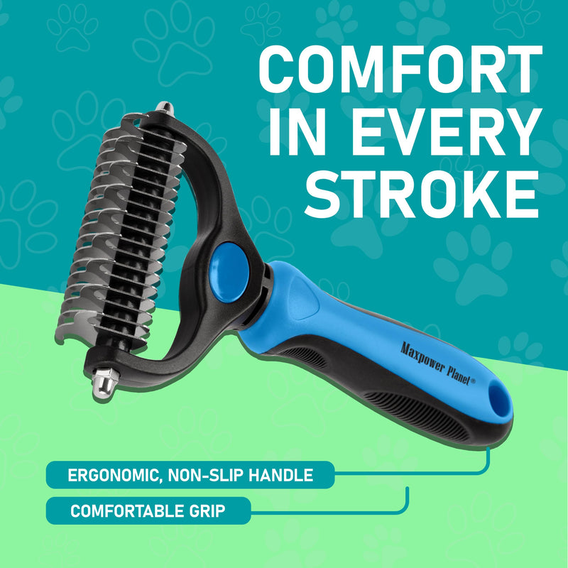 Maxpower Planet Original Pet Grooming Rake - Double-Sided Deshedding Dematting Tool, Undercoat Rake for Dogs & Cats, Extra-Wide Dog Grooming Brush & Deshedder Comb for Long Hair, Reduces Shedding 95% Blue Large - PawsPlanet Australia
