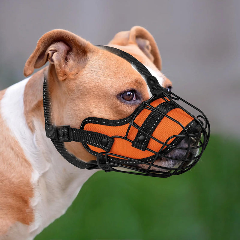 OOPSDOGGY Pitbull Dog Muzzle Reflective Metal Mask Secure Wire Basket Muzzles for Large Sized Dogs Amstaff Soft Cage to Prevent Biting Chewing with Adjustable Straps (Orange, Pitbull) Orange