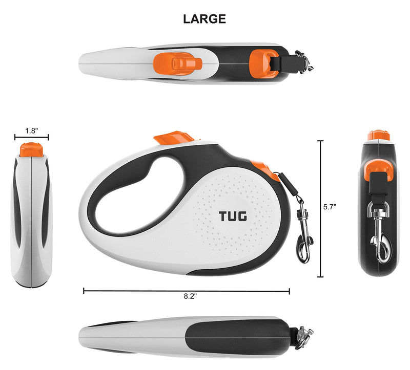TUG 360° Tangle-Free Retractable Dog Leash with Anti-Slip Handle | 16 ft Strong Nylon Tape | One-Handed Brake, Pause, Lock (Large, White/Orange) Large - PawsPlanet Australia