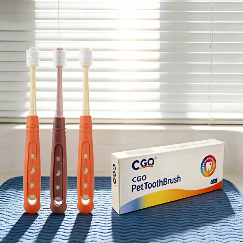 CGO Silicone 360° Toothbrush for Small Dogs & Cats - 3 Pack Round Head Pet Toothbrush, Gentle Chewable Brush with Soft Bristles, Dental Care Kit for Puppy Kitten Oral Hygiene (2 Orange, 1 Brown) 2 Orange and 1 Brown