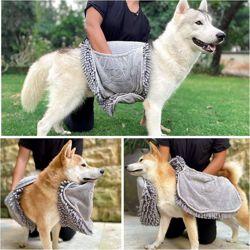 Tuff Pupper Quick Dry Towel for Dogs | Ultra Absorbent Microfiber Shammy | Extra Large 35x15 Size Dog Bath Towel | Comfortable Hand Pockets | Indoor Outdoor Use | Durable Material | Machine Washable Cool Grey - PawsPlanet Australia