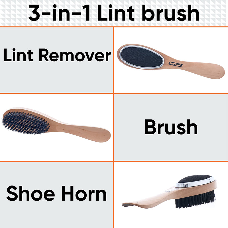 Superio Clothes Brush Garment Brush Pet Hair Remover 3 in 1 Lint Brush, Clothing Brush, and Shoe Horn for Suit, Wool Coat, Sweaters, Shoes, Double Sided Portable Depiller with Wood Handle (3) -Superio 3 Pack - PawsPlanet Australia