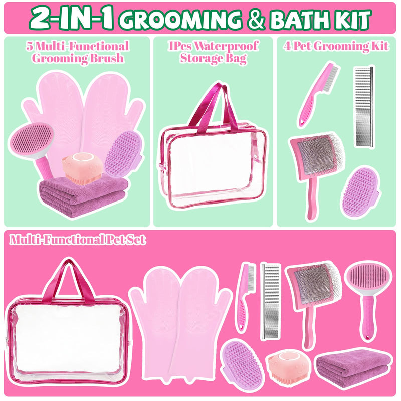8PCS Dog Slicker Brush for Dogs Grooming Kit,Bath Grooming Kit for Pets,Hair Brush Set with Towel,Washing Gloves,Slicker Comb,and Shampoo Scrubber Brush for Small and Large Dogs and Cats Cats(Pink) Pink - PawsPlanet Australia