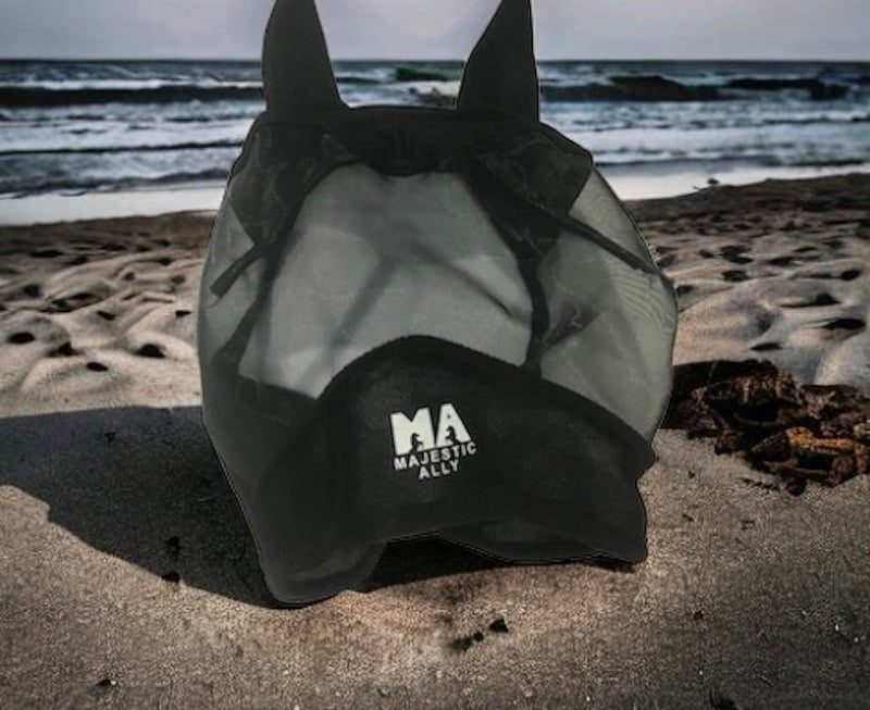 Majestic Ally Horse Fly Mask with Ears, Comfort Durable Fine Mesh, Soft Fleece Touch on Skin, Protect Eyes and Ears (Black) Black - PawsPlanet Australia