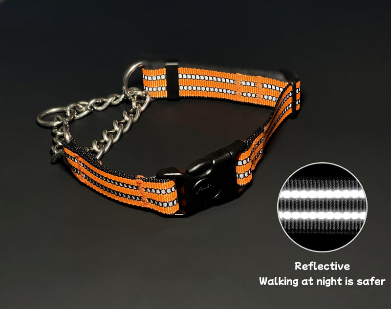 Martingale Dog Collars, Reflective Nylon Collar with Stainless Steel Chain, Adjustable Walking Training Dog Collars with Quick Release Buckle, Suitable for Small Medium Large Dogs(Orange,XL) Extra Large-(dog's neck 20~25.5inches) Orange - PawsPlanet Australia