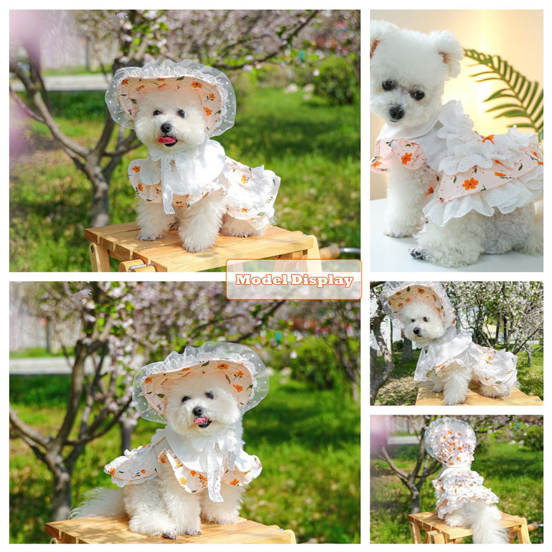 2 Pcs Pet Floral Dress and Lace Sunhat, Summer Skirt with Laces for Dog, Cute Bowknot Dresses for Cat, for Birthday Party and Outdoor Travel (Orange, Medium) Orange Small