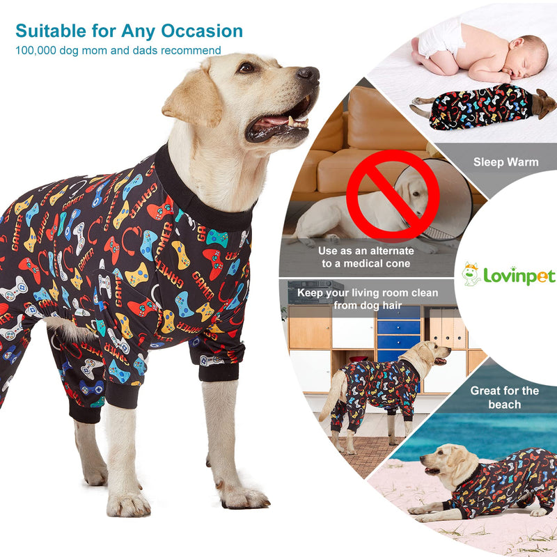 LovinPet Large Dog Pajamas, Game Console Print,UV Protection, Wound Care/Post Surgery Dog Clothes, Pet Anxiety Relief, Lightweight Stretchy Pitbull Pullover Shirt, Onesies for Dogs, Pet PJ's/XXL XX-Large Black - PawsPlanet Australia
