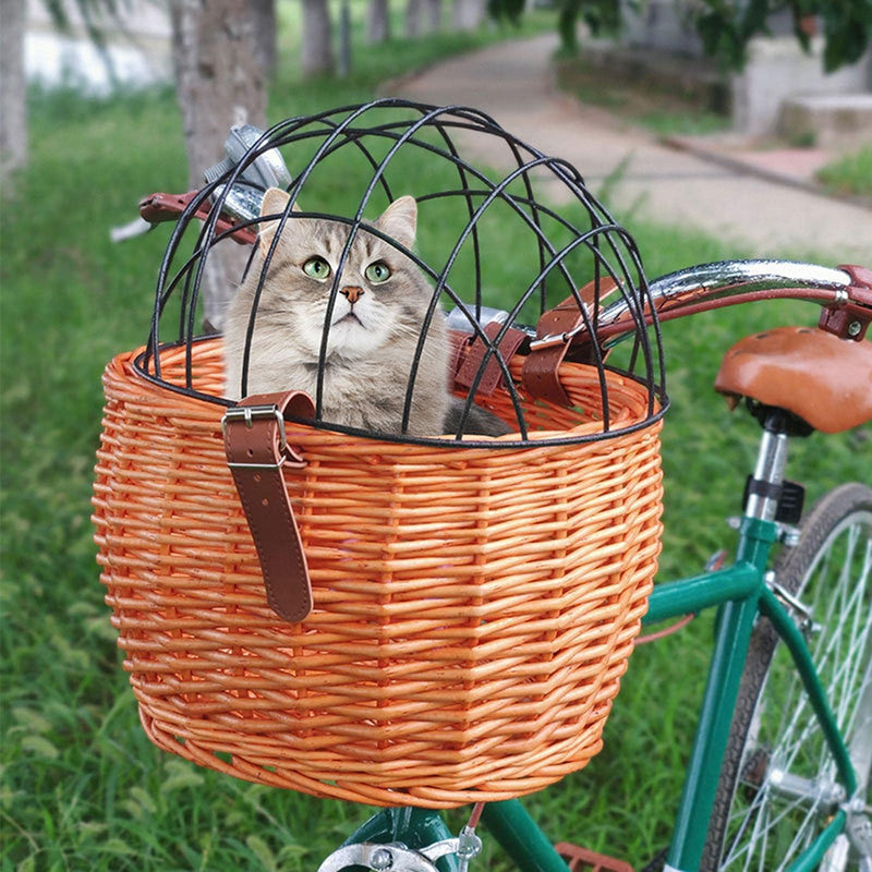 Wicker Bike Basket for Small Dogs Cats Pet Carrier Front Basket with Wire Mesh Cover (Honey Color) Honey color - PawsPlanet Australia
