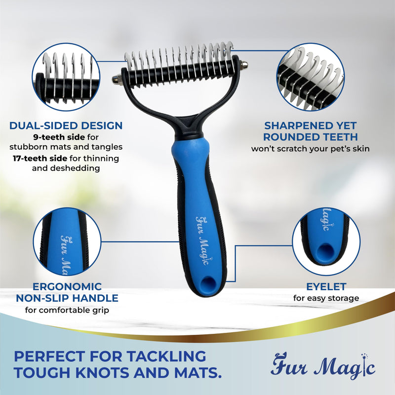 Fur Magic Deshedding Tool & Dematting Comb – Grooming Brushes for Dogs, Cats, Horses – Reduce Shedding and Remove Knots, Mats and Loose Undercoat, Large Size Large Bundle