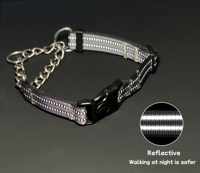 Martingale Dog Collars, Reflective Nylon Collar with Stainless Steel Chain, Adjustable Walking Training Dog Collars with Quick Release Buckle, Suitable for Small Medium Large Dogs(Gray,XL) Extra Large-(dog's neck 20~25.5inches) Gray - PawsPlanet Australia