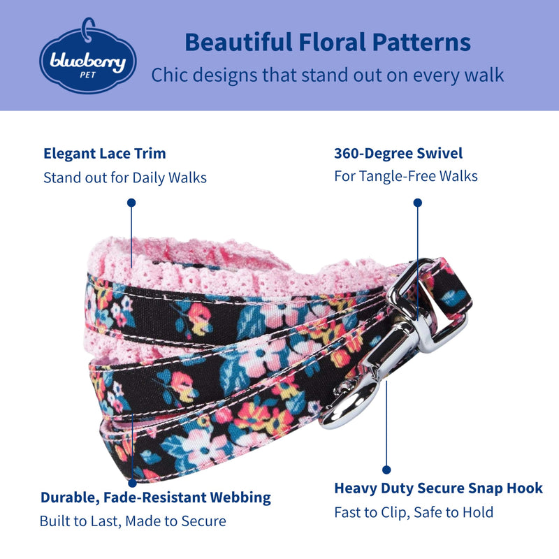 Blueberry Pet Durable Made Well Elegant Floral Print Dog Leash with Lace in Sleek Black, 5 ft x 5/8", Small, Leashes for Dogs Small (Pack of 1)