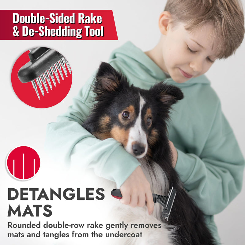 KONG Double-Sided Rake & Deshedding Tool – Detangling & Shedding Control, Rounded Metal Tips, Non-Slip Grip, for Medium to Large Dogs with Medium to Long Coats, Red/Gray - PawsPlanet Australia