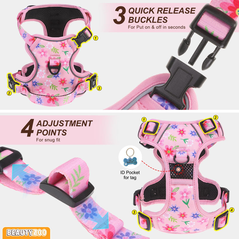BEAUTYZOO No Pull Dog Harness and Leash Set with 2 Metal Leash Clips - Overhead-Free 3 Snap Buckles Design, Adjustable No-Choke Soft Padded Reflective Oxford Pet Vest for Small Medium Large Dogs, M M: chest 16"-28" Pink Flower - PawsPlanet Australia