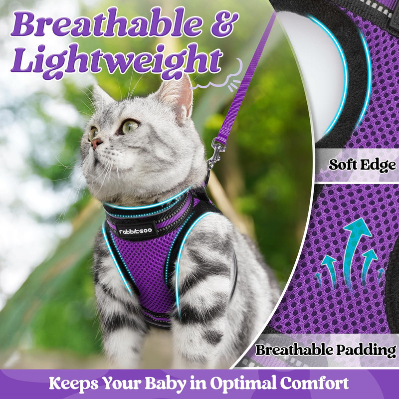 rabbitgoo Cat Harness and Leash Set for Walking Escape Proof, Adjustable Soft Kittens Vest with Reflective Strip for Cats, Comfortable Outdoor Vest, Purple, S Small - PawsPlanet Australia