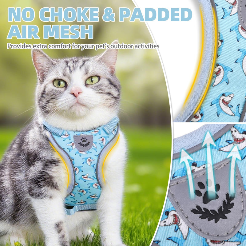 PUPTECK Cat Harness and Leash Set Escape Proof Reflective Cat Walking Harness Adjustable Soft Breathable Mesh Vest for Small Pets, Blue Sharks, M M (NECK 11"-13.7", CHEST 16"-20") - PawsPlanet Australia