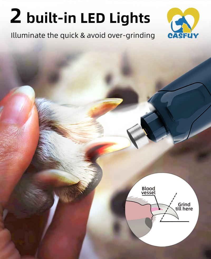 Casfuy Dog Nail Grinder Quiet - (45db) 6-Speed Pet Nail Grinder with 2 LED Lights for Large Medium Small Puppy Dogs/Cats, Professional 3 Ports Rechargeable Electric Dog Nail Trimmer with Dust Cap Blue - PawsPlanet Australia