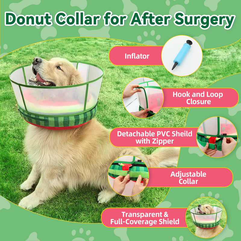 Upgraded Inflatable Dog Cone Collar with Transparent Anti-Licking Shield, Adjustable Elizabethan Collar for Medium Large Dogs, 2-in-1 Design with Detachable Shield and Soft Padding (M, Watermelon) M (Neck: 8-11")