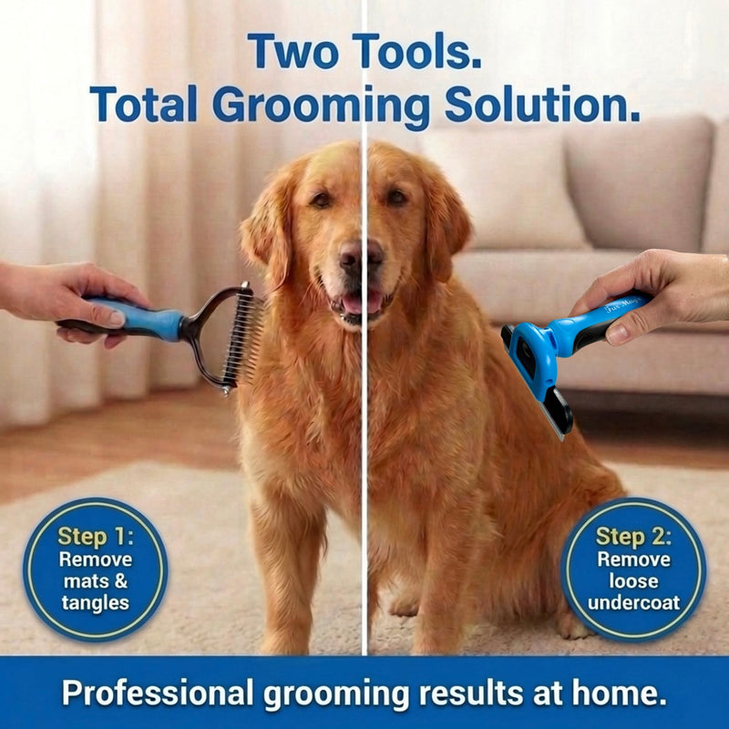 Fur Magic Deshedding Tool & Dematting Comb – Grooming Brushes for Dogs, Cats, Horses – Reduce Shedding and Remove Knots, Mats and Loose Undercoat, Large Size Large Bundle
