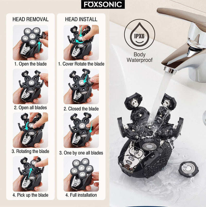 Universal 6 Blade Replacement Heads for Mainstream Shaver Brands, Bald Shaver Replacement Heads with Blade Cover (Black) 6 Black - PawsPlanet Australia
