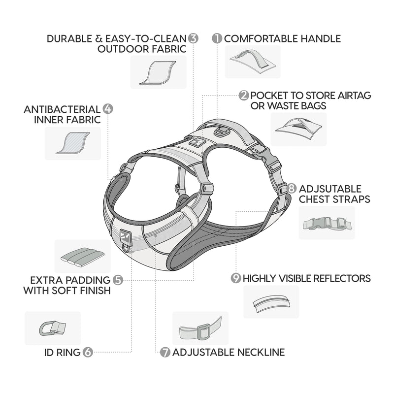Core Dog Harness with Handle and Pocket, Sliver ion Inner Fabric, Wear-Resistant Shell Fabric, Reflective and Soft Padded (Mist Grey, Size Medium) Mist Grey M (Chest: 16-21in) - PawsPlanet Australia