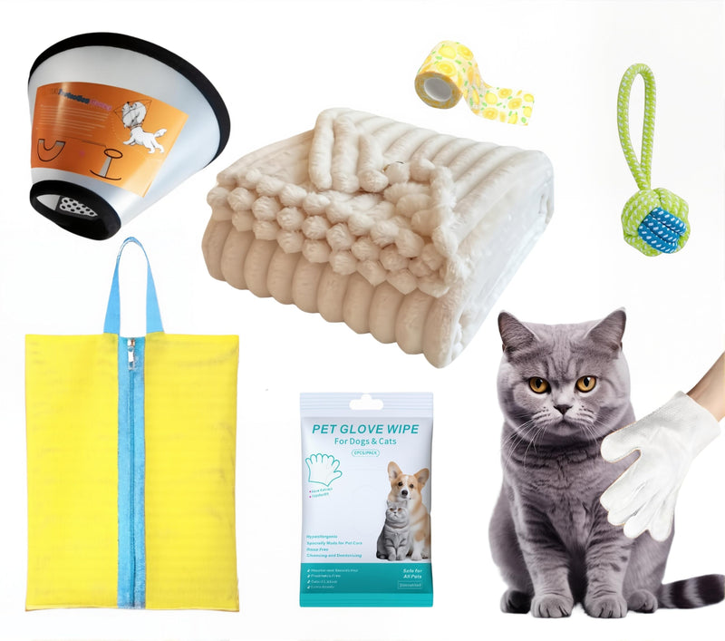 6 Pcs Surgery Recovery Kit for Dogs Cats –Adjustable Dog Cone & Fluffy Dog Blanket(27''x39'') – Get Well Soon – Cleaning Wipes,Calming Toy, Bandages & Mesh Bag – Sympathy Gift for Pet (yellow-S) yellow-S