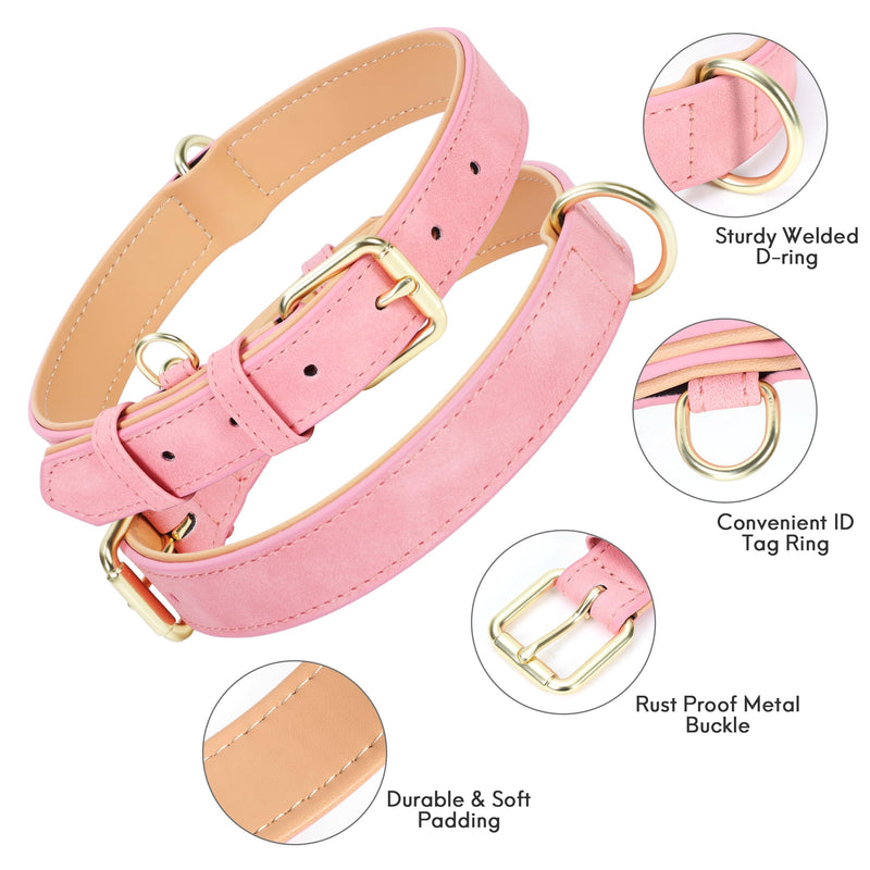 Leather Dog Collar for Small Medium Large Dogs, Soft Padded Dog Leather Collar with Heavy Duty Gold Buckle, Durable & Comfortable for Large Dogs Daily Walking (Pink, L) L:Neck 15-20.5’’, Width 1.0’’ Pink - PawsPlanet Australia