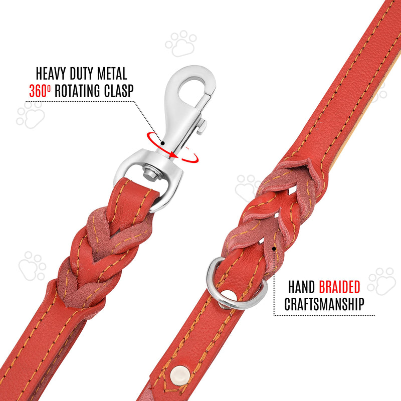 Riparo Leather Dog Leash 6ft with 2 Handles Padded Traffic Handle for Extra Control, Leather Dog Leashes for Large Breed Dogs Training Walking Heavy Duty Leashes for Dogs (Red, L: 3/4" x6ft) Red L: 3/4"x6ft - PawsPlanet Australia