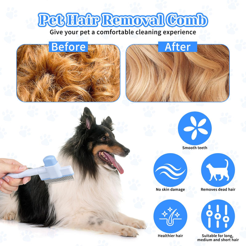 Pet Comb for Cats & Dogs, Pet Hair Removal Tool Flea Comb Self-Cleaning Pets Combs with Long & Short Stainless Steel Metal Teeth for Shedding and Tangles with Release Button - PawsPlanet Australia