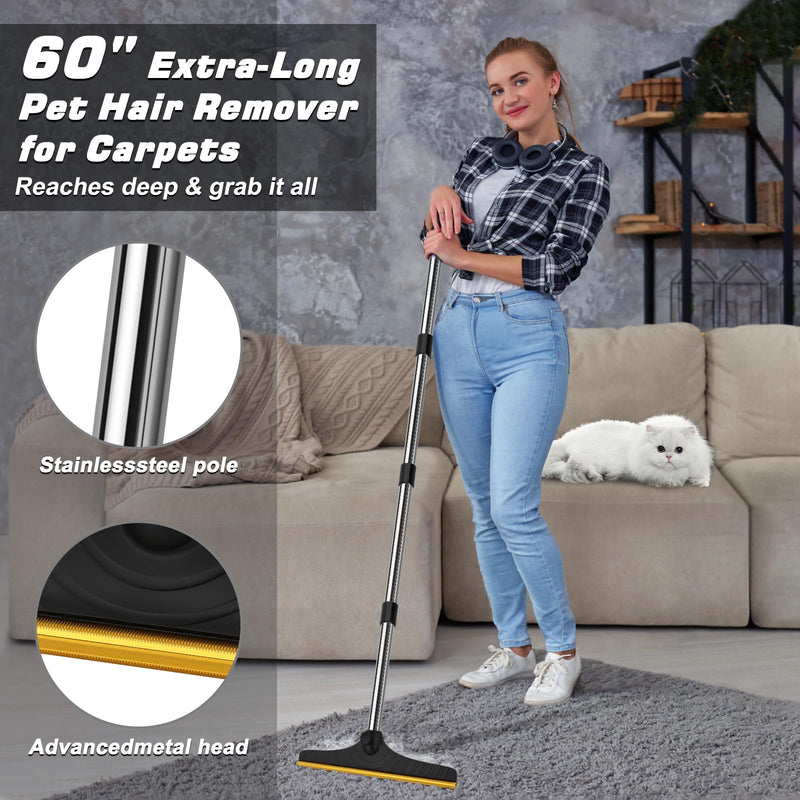 B-Land Carpet Rake for Pet Hair Removal, Reusable Pet Hair Remover with 60” Adjustable Long Handle, Carpet Scraper Dog Cat Hair Remover Tool for Rugs, Mats, Couch, Furniture Black - PawsPlanet Australia