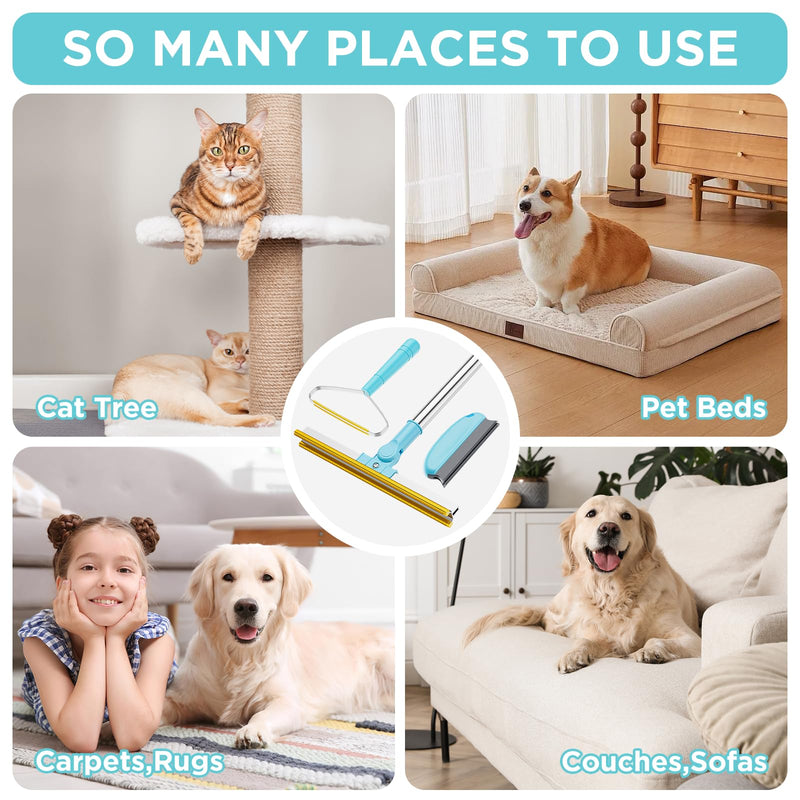 3 in 1 Carpet Rake for Pet Hair Removal, Tool Set of 3, 55” Long Handle Carpet Pet Hair Removal Carpet Scraper Dog Cat Hair Remover for Sofa, Couch, Car, Rug Blue - PawsPlanet Australia