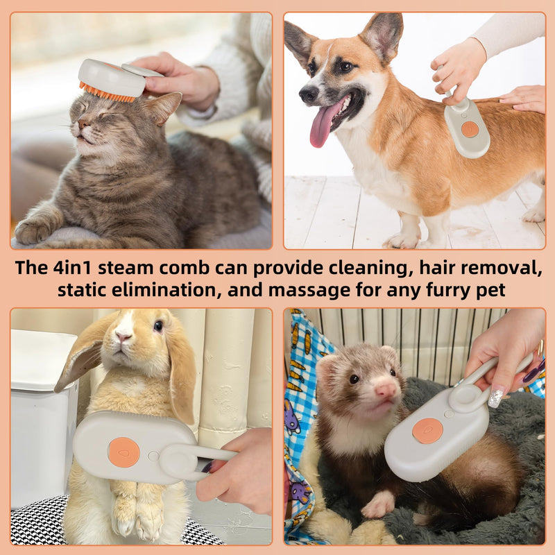 Cat Dog Hair Steam Brush: 4 in 1 Pet Grooming Tool Rechargeable Groomer Silicone Comb for Massage, Cleaning, Shedding and Combing, Anti-Static, 360° Portable Handle for Long or Short Hair Pet (Orange) Orange - PawsPlanet Australia