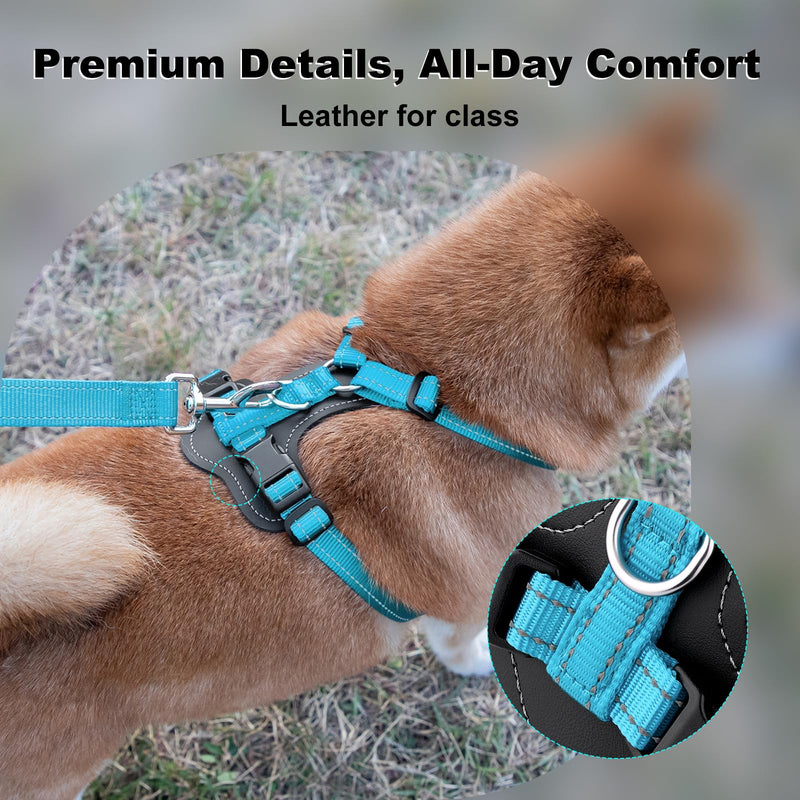 Plutus Pet Adjustable No Pull Dog Harness with Leather Accents, Heavy Duty Reflective Nylon Vest for Training, Hiking, Easy Walk Harness for Small, Medium, Large Dogs (Light Blue, XL) Light Blue - PawsPlanet Australia