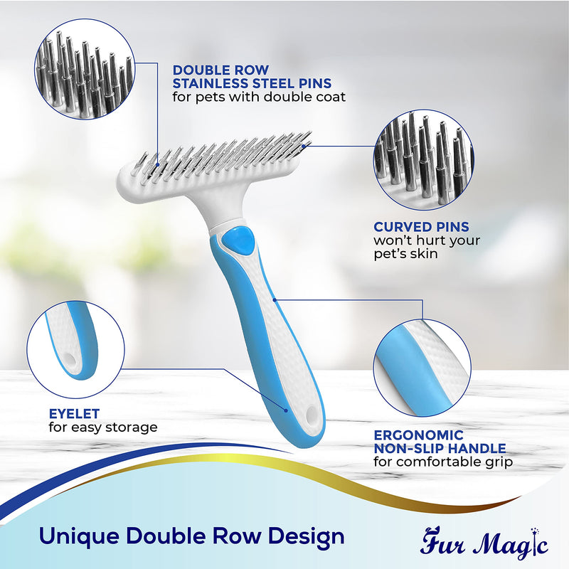 Fur Magic Dematting Comb for Dogs – Undercoat Brush for Dog Grooming - Double Row Stainless Steel Pins Dog Brushes for Shedding – Skin-Friendly and Safe Deshedding Tool for Dogs Dematting Rake