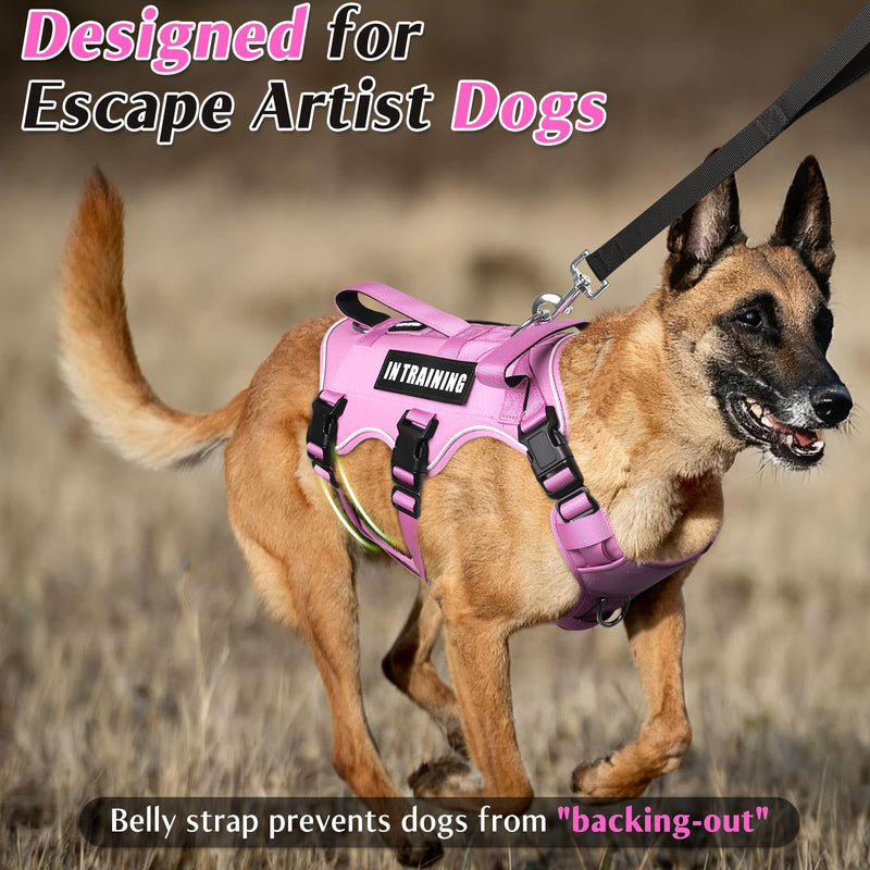WINSEE Escape Proof Dog Harness, Service Working Molle Harness with Double Handle, Tactical Pet Vest with 4 Patches for Small Medium Large Dogs Walking Hiking Hunting Pink