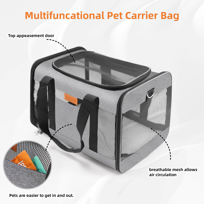 YUNIQUE Soft-Sided Cat & Dog Carrier for Pets Up to 15 Lbs, Airline Approved Collapsible Travel Puppy Carrier with Lightweight Fabric Design (Grey) grey - PawsPlanet Australia