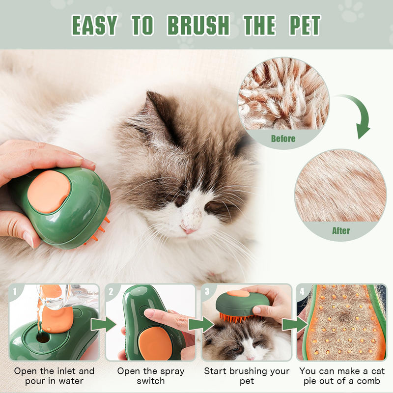 Cat Grooming Brush, 3 in 1 Cat Steamy Brush, Electric Cat Steam Brush with Self Cleaning Function, Silicone Massage, Clean and Removing Loose Hair for Cats and Other Pets Avocados - Green - PawsPlanet Australia