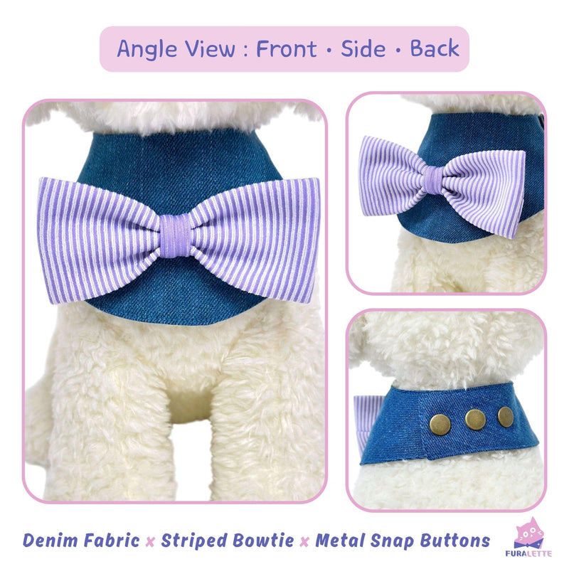 Denim Dog Bandana – Striped Bowtie, Soft & Durable Pet Scarf with Adjustable Metal Snap Buttons for Dogs & Cats (Purple, Small) Purple - PawsPlanet Australia