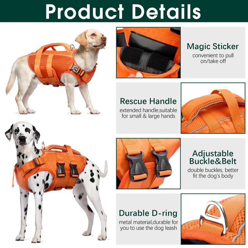 Kuoser Dog Life Jacket High Flotation, Reflective Dog Life Vest for Swimming Boating, Adjustable Small Medium Large Dog lifejacket, Lightweight Dog life Preserver Rescue Handle Spring Summer Pool X-Large (Chest Girth:25.9-33.4'') Orange