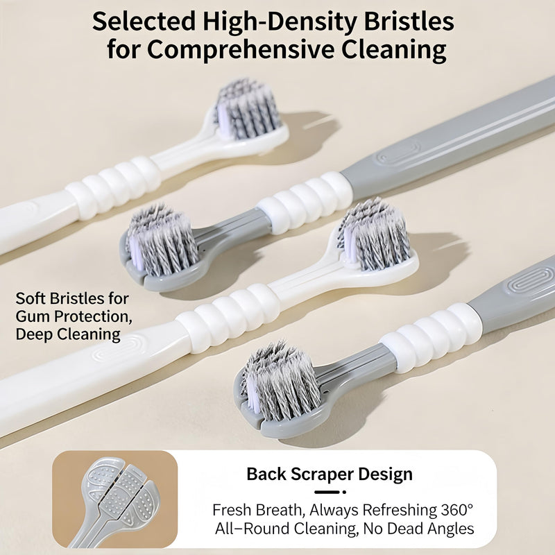 CGO Three-Sided Dog Toothbrush for Large Dogs – 4-Piece Three-Head Pet Toothbrush, Gentle Cleaning, Extra-Soft Bristles, Three-Sided Dog Teeth Cleaning Set, Comprehensive Oral Care (Gray-White)