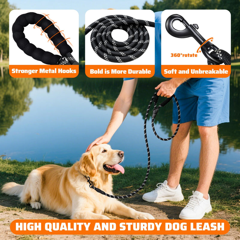 6 FT Heavy Duty Dog Leash with Soft Padded Handle, Highly Reflective Rope Dog leashes for Large Medium Small Dogs Night Walking Hiking Outside, 1/2 inch, Black - PawsPlanet Australia