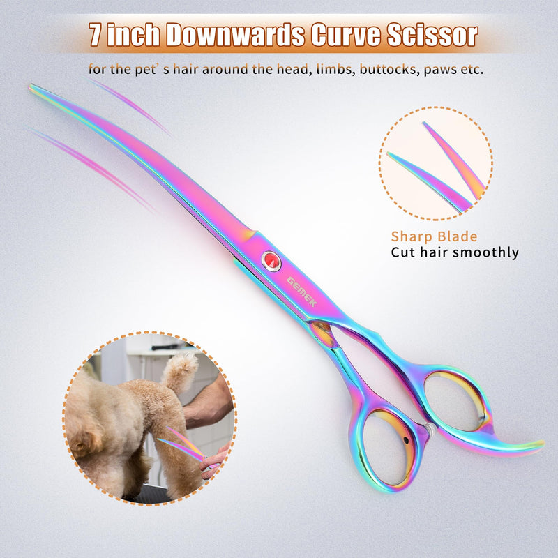 7.0in Titanium Professional Pet Grooming Scissors Set, GEMEK 6 in 1 Straight & Thinning & Upwards Curved & Downwards Curved Scissors & Comb for Dogs, Cats (Rainbow) Rainbow 6 in 1 7inch - PawsPlanet Australia